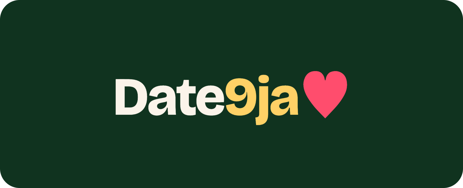 The Date9ja wordmark in cream and gold beside a pink heart, on the brand's deep green.